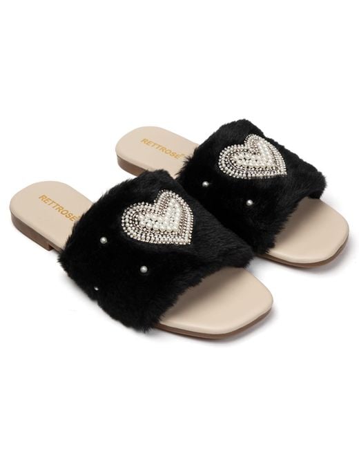 Rettrose Black Lilah Luxury Plush Diamanté Embellished Handmade Sliders