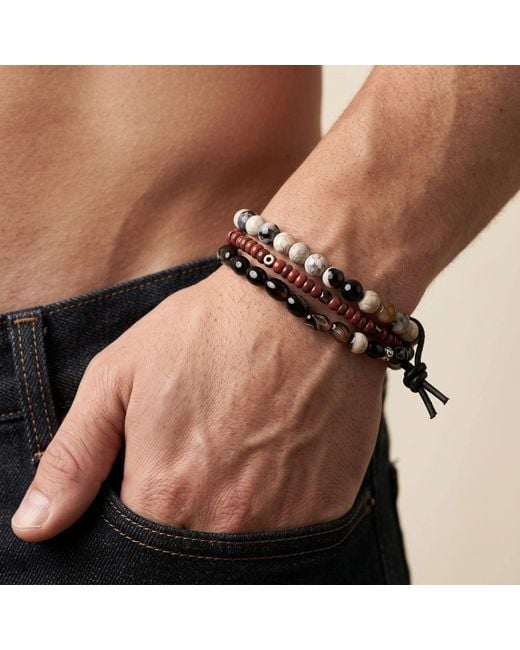 Jaredjamin Black Lucan Oxblood & Pebble Agate Stackable Bracelet Set for men