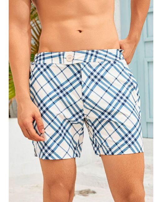 Vayla Blue Long Length Checkered Swim Shorts for men
