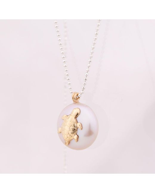 Oana Savu Metallic Freshwater Round Pearl Pendant Turtle Charm Chain