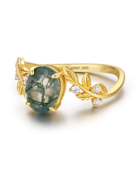 Azura Jewelry New York Metallic Between The Leaf Oval Moss Agate Ring Vermeil
