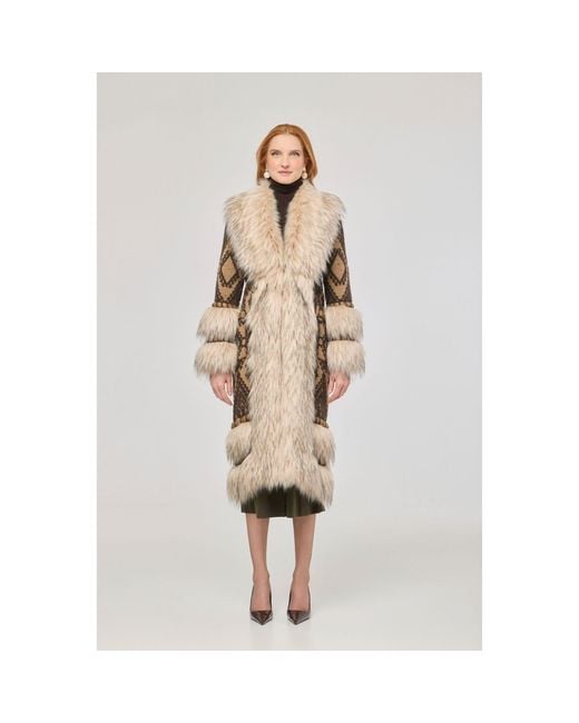 The Extreme Collection Natural Multicolour Long Knit Coat With Faux Fur Kira