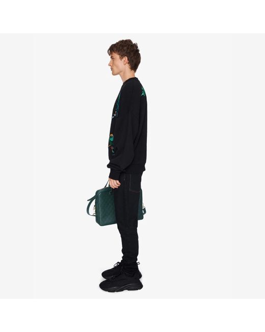 PLACE OF ELMS Black Northern Birds Embroidered Fleece Crew Neck Sweater for men