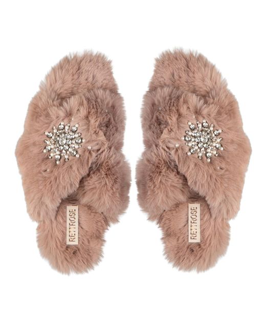 Rettrose Natural Neutrals Alice Mink Luxury Plush Diamanté Embellished Handmade Slipper