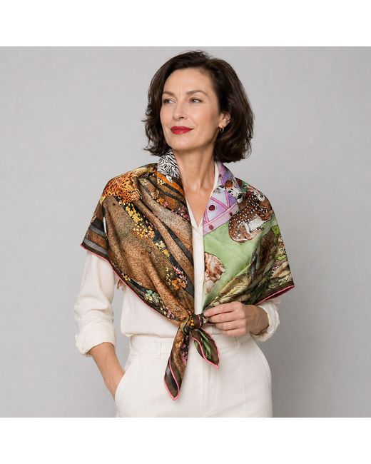 Wenzi Multicolor Neutrals The Forest Circus Hand Painted Mulberry Silk Square Scarf