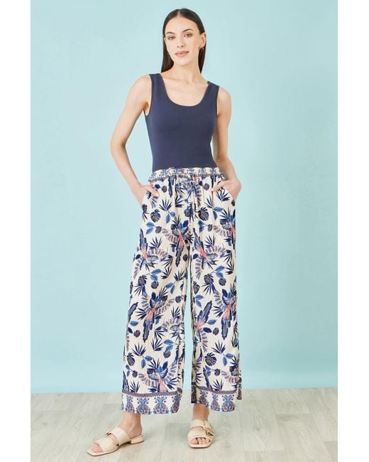 Yumi' Blue Bird Print Viscose Wide Leg Trousers