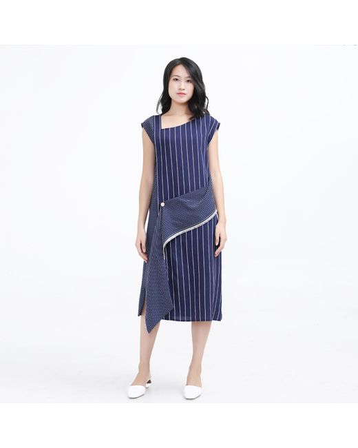 Smart and Joy Blue Asymmetric Stripe Trapeze Midi Dress
