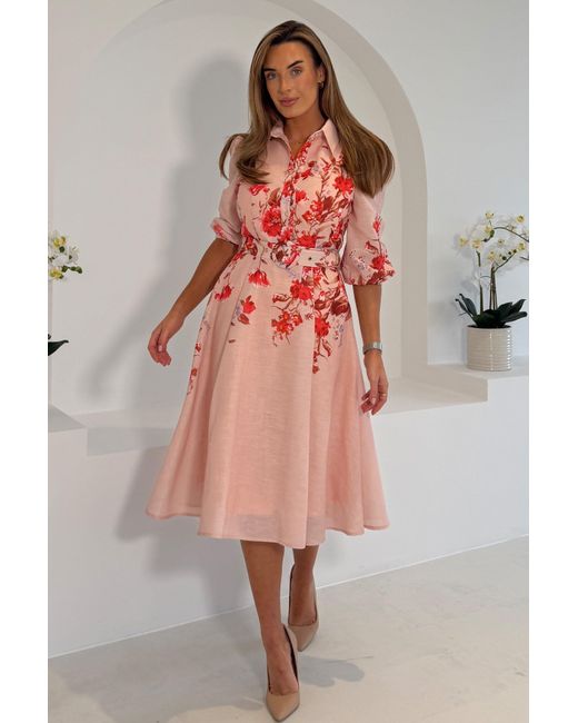 Girl In Mind Pink Renata Floral Boarder Print Print Midi Dress