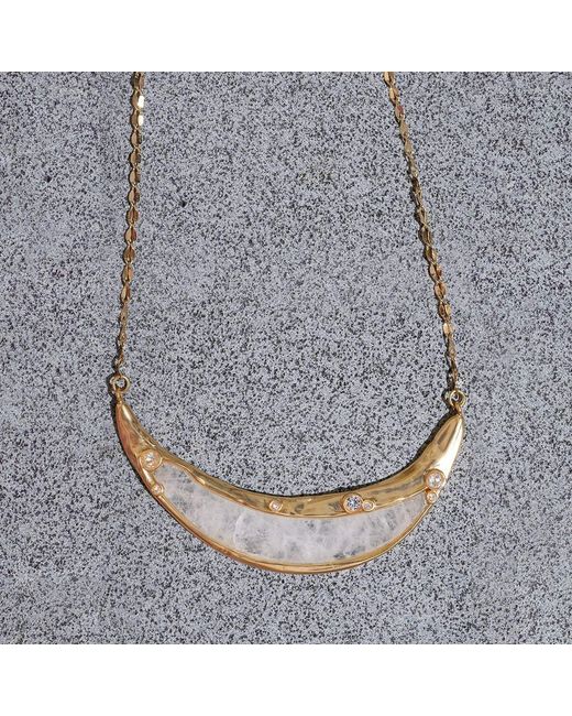 Rare Matters Jewelry Metallic Sparkles Clear Quartz Curved Bar Pendant Necklace