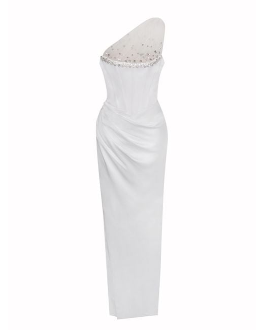 Miss Circle New York White Lora Crystal Embellished Mesh Satin Corset Gown