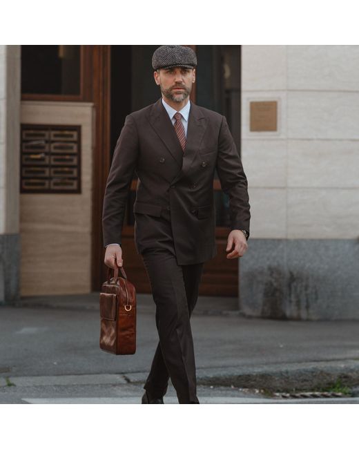 Time Resistance Brown Cognac Leather Briefcase Laptop Bag for men