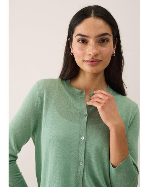Loop Cashmere Green Three Quarter Sleeve Crew Neck Cardigan