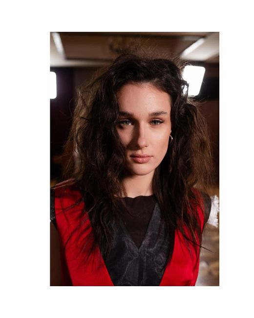 Julia Allert Red Satin Blouse With Mesh And Shoulder Pads