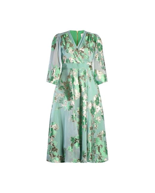 Closet Green Mint Floral Wrap Midi Dress With Flared Sleeves