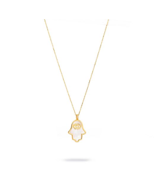 Ebru Jewelry Metallic Pearl Divine Hamsa & Evil Eye Pendant Vermeil Chain Necklace