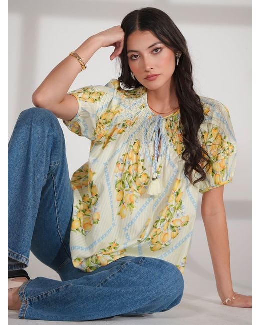 Rose & Nancy Yellow Kirsten Lemon Print Smock Detail Cotton Blouse