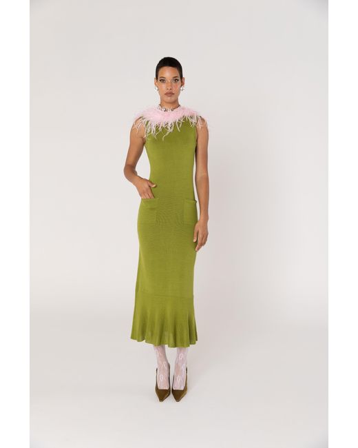 Andreeva Green Chrysanthemum Knit Dress With Real Ostrich Feathers Details