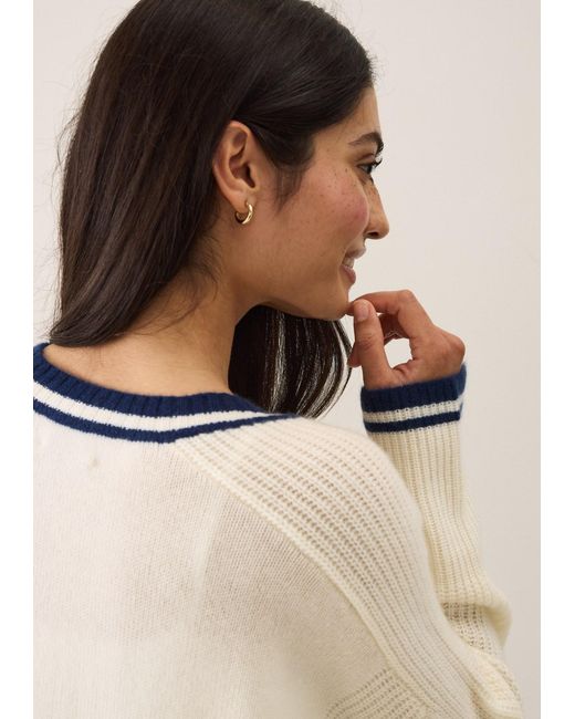 Loop Cashmere White Striped Tipped V Neck Lofty Cardigan