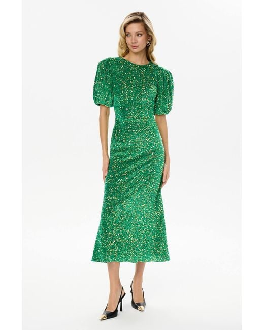 POST MERIDIEM Green Sequin Decorated Velvet Puff Sleeve Midi Dress