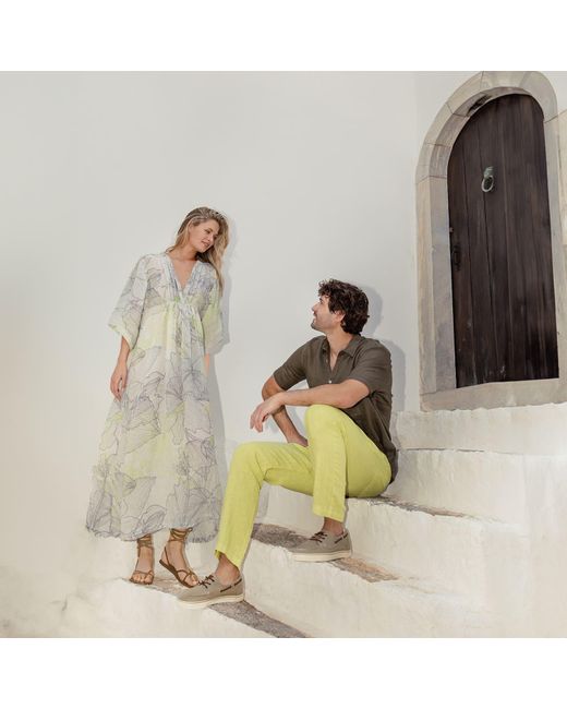 Haris Cotton Yellow Printed Linen Gauze Kaftan With Front Puckering Forest