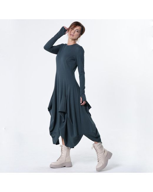 Metamorph Blue Maxi Draped Dress With Thumbhole Sleeves
