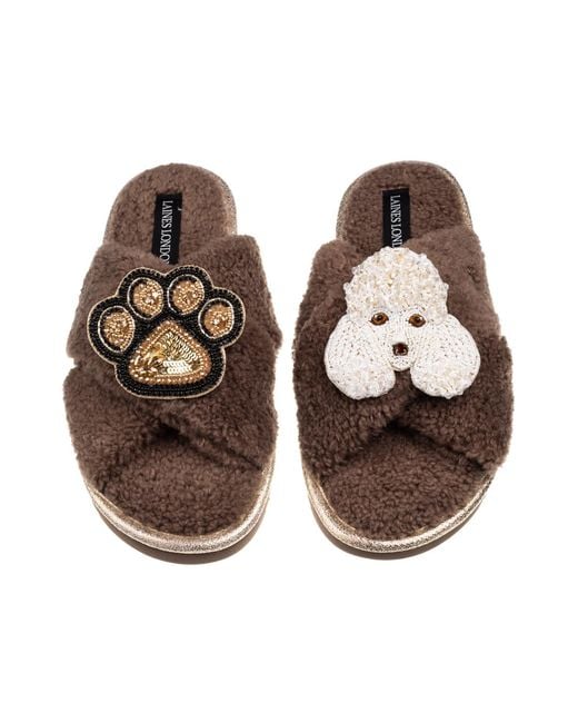 Laines London Brown Neutrals Laines Neutral Boucle Slippers With Pearl The Poodle & Paw Brooches