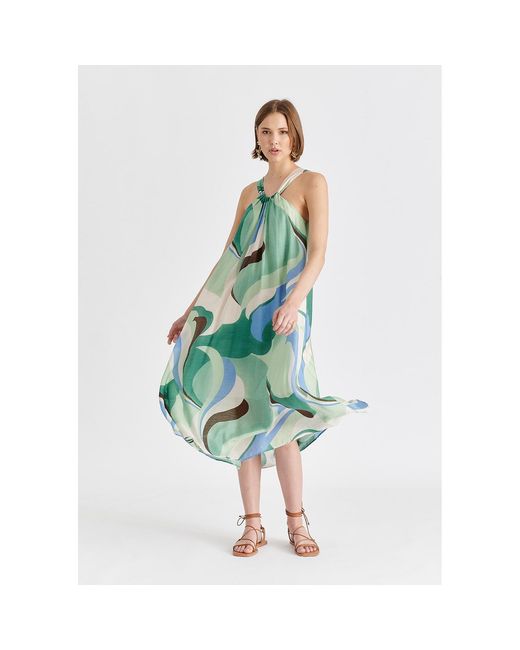Paisie Green Retro Wave Halter Neck Midi Dress With Belt
