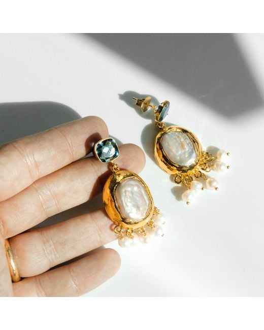 Edgar Navarro Jewelry Metallic Navarro Aquamarine Earrings With Baroque Pearl Pendants