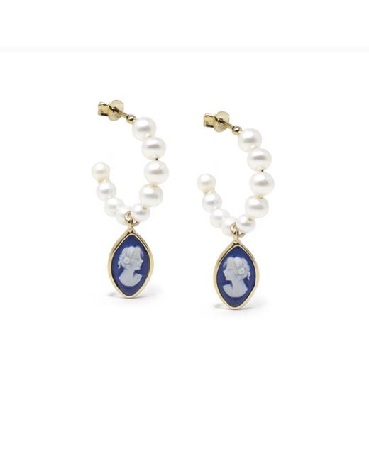 Vintouch Italy April Gold-plated Pearl And Blue Cameo Hoop Earrings
