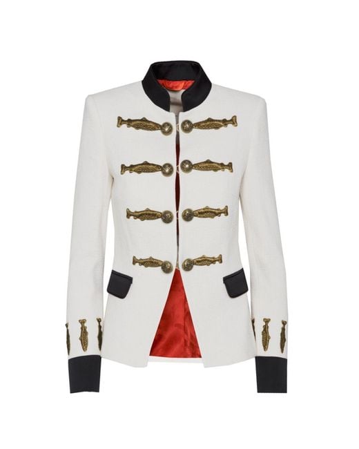 The Extreme Collection White Neutrals Ivory Military Tailored Blazer With Embroidery