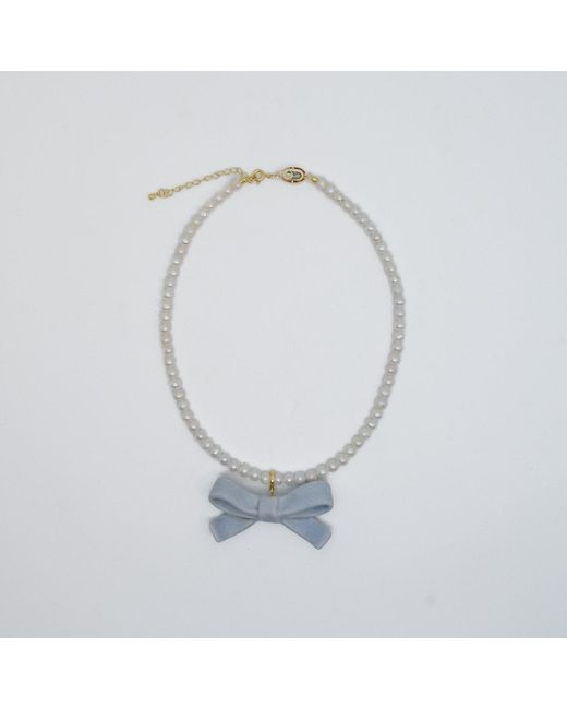 H2 Studio Blue Bowtie Maniac Medium Ribbon Bowtie Round Freshwater Pearl Necklaces Forget Me Not