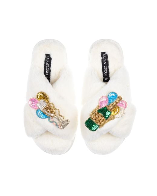 Laines London White Neutrals Classic Laines Slippers With Birthday Bubbles Brooches