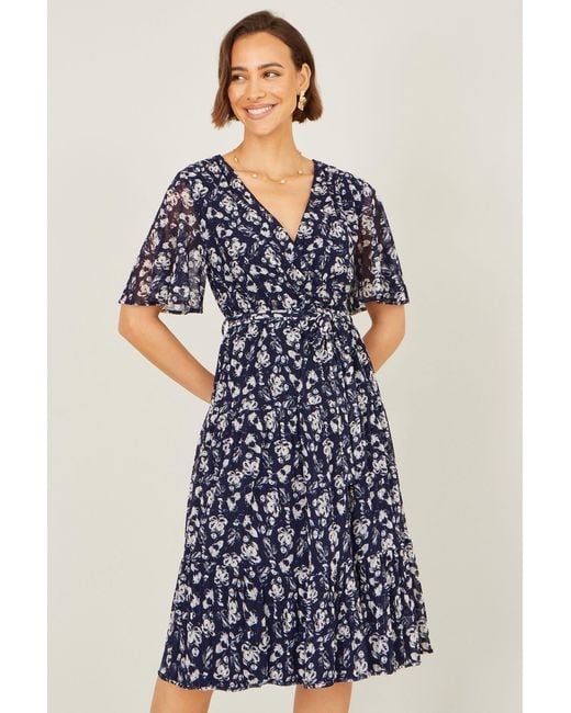 Yumi' Blue Floral Mesh Wrap Dress