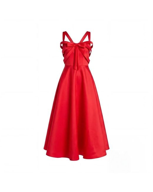 Mac Duggal Red Sleeveless Satin A-Line Midi Dress With Bow