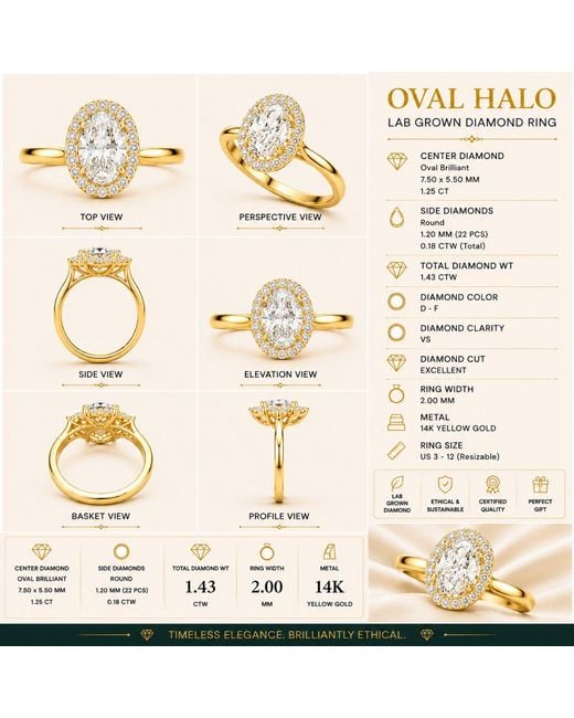 Aya Fine Jewelry Metallic Oval Solitaire Lab Diamond Halo Ring – Timeless Bridal Ring