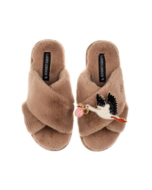 Laines London Brown Neutrals Toffee Classic Laines Slippers With Baby Girl Stork Brooch