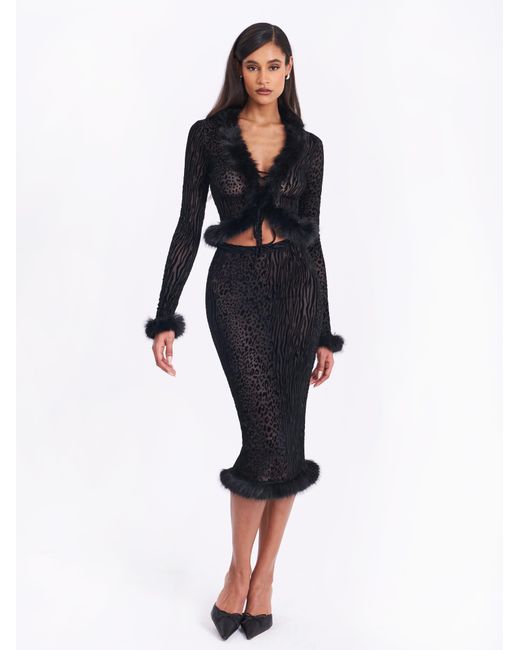 Miss Circle New York Black Hali Animal Print Burnout Velvet Fur Trim Top