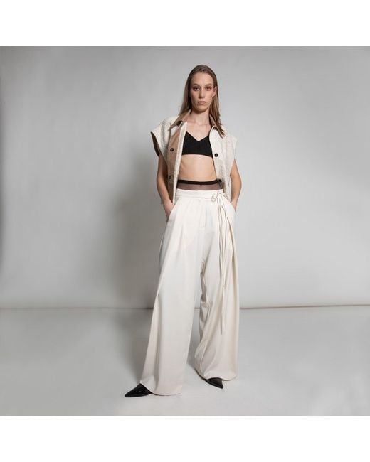 Una Berzina Natural Neutrals Ivory Wide-Leg Trousers With Asymmetrical Closure