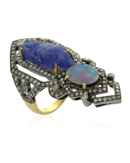 Artisan Blue Tanzanite & Doublet Opal Knuckle Ring With Pave Diamonds In 18k & Silver