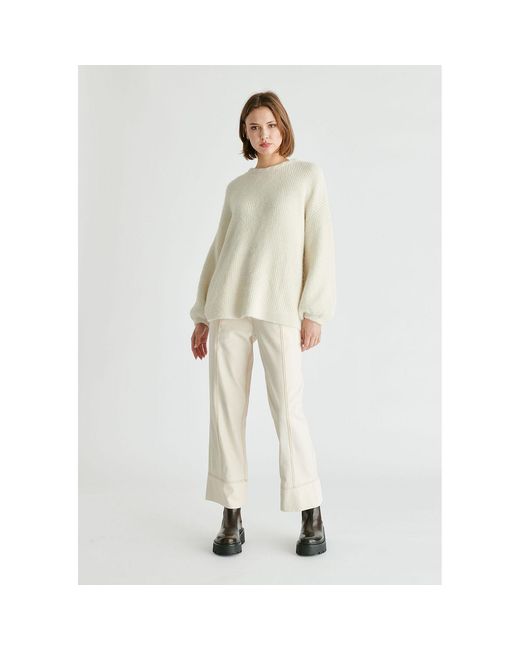Paisie White Balloon Sleeves Jumper With Cable Details