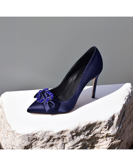 Aethra Shoes Blue Amor Satin Crystal-Embellished Pointed Toe Stiletto Pumps