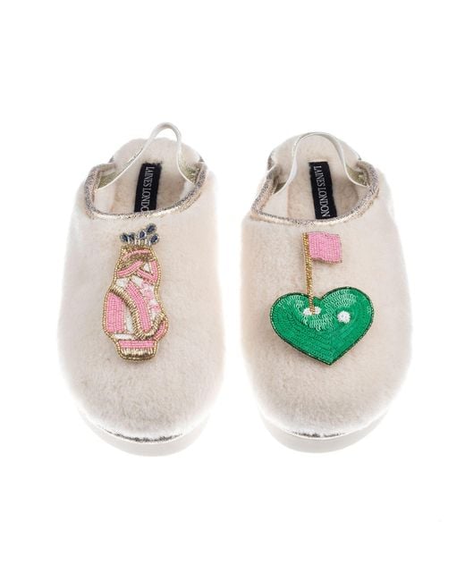 Laines London Green Neutrals Flatform Cloud Closed Toe Slippers With Golf Lover Brooches