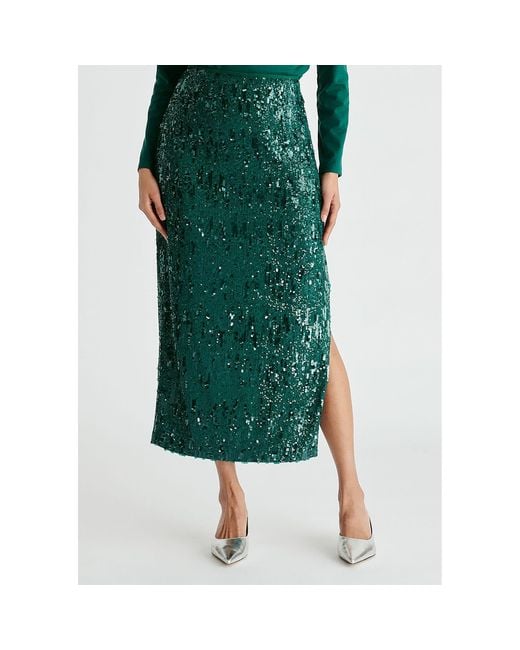Paisie Green Sequin Midi Skirt With Side Slit