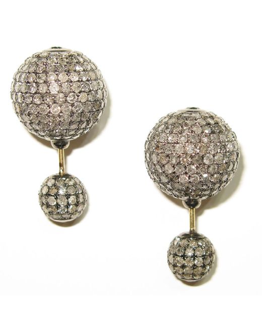 Artisan Metallic Pave Diamond Bead Ball Double Side Tunnel Earrings In 14k Gold & 925 Silver