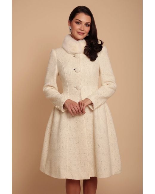 Santinni Natural Starlet Wool Tweed Dress Coat With Faux Fur