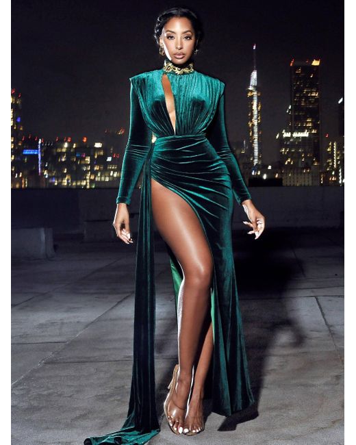 Miss Circle New York Green Zenaida Emerald Cutout High Slit Velvet Gown