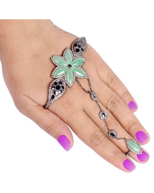 Artisan Green Marquise Jade & Diamond Floral Design Ring With Palm Bracelet In 18k Gold 925 Silver