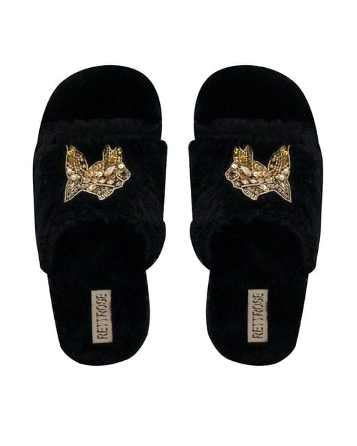 Rettrose Black Mae Luxury Plush Diamanté Embellished Handmade Slipper