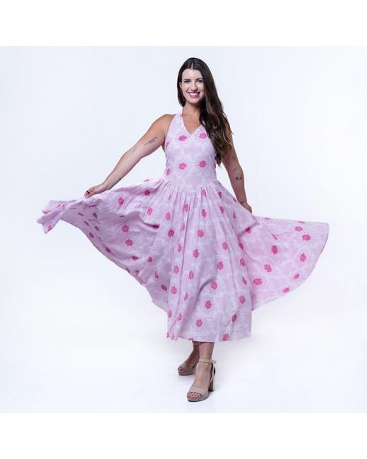 House of Gl Pink Padmae Hand-Block Cotton Halter Neck Midi Floral Dress