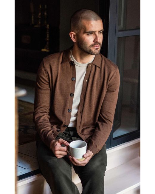 Paul James Knitwear Brown Extra Fine Merino Wool Cassiuss Polo Cardigan for men